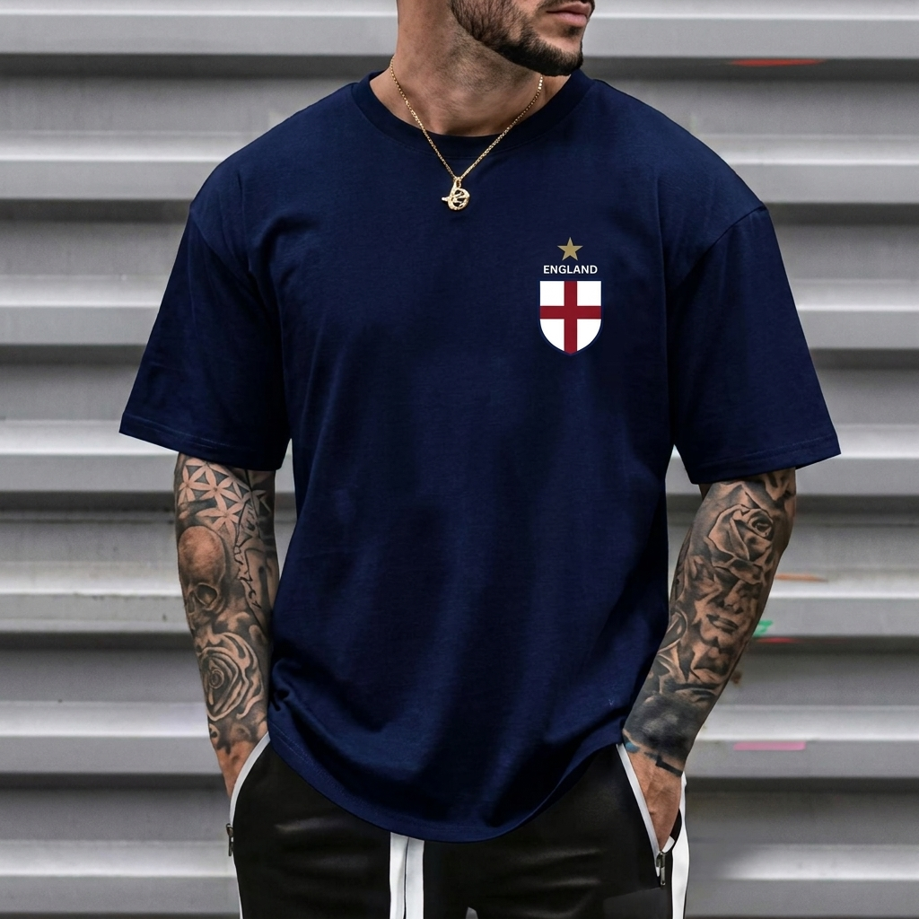 Man i marinblå avslappnad t-shirt med broderat emblem