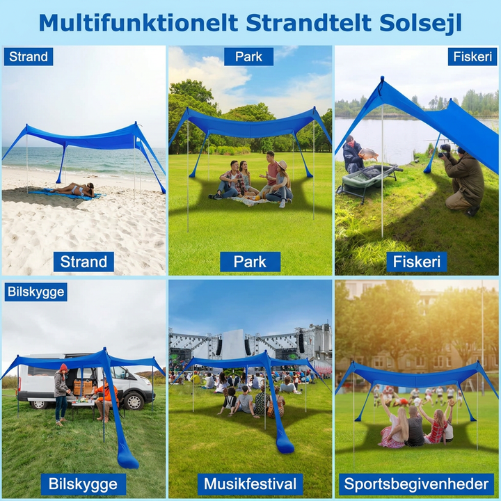 Multifunktionellt strandtält visat i olika miljöer som strand, park och vid bil