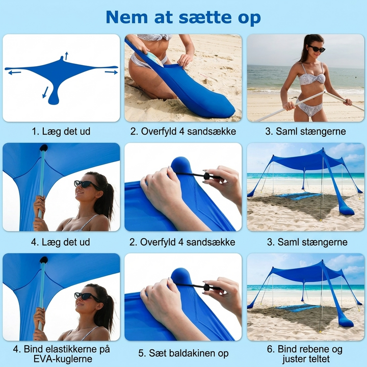 Stort strandtält med solsegel och UV-skydd uppsatt på sandstrand