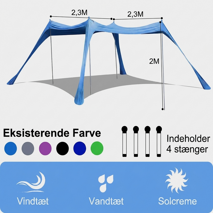 Familjetält för stranden med effektivt solskydd och rymlig öppning