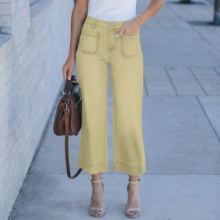 Snygga cropped jeans för dam med hög midja och vida ben framifrån