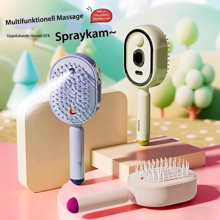 Två massagehårborstar som visar sprayfunktion och detaljer
