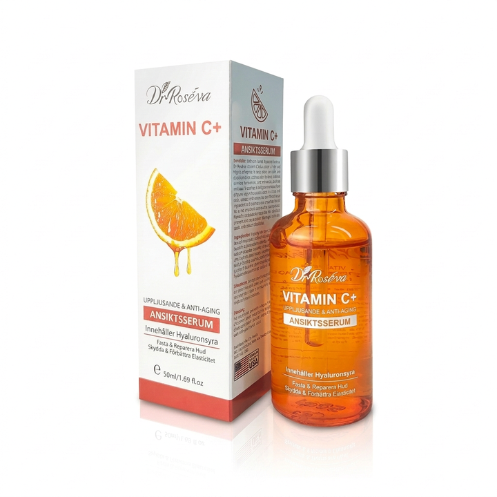 Vitamin C serumflaska bredvid matchande produktförpackning