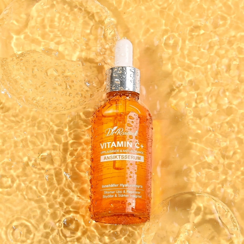 Droppflaska med fuktgivande vitamin c serum för ansiktet som skyddar mot fria radikaler och ger glow