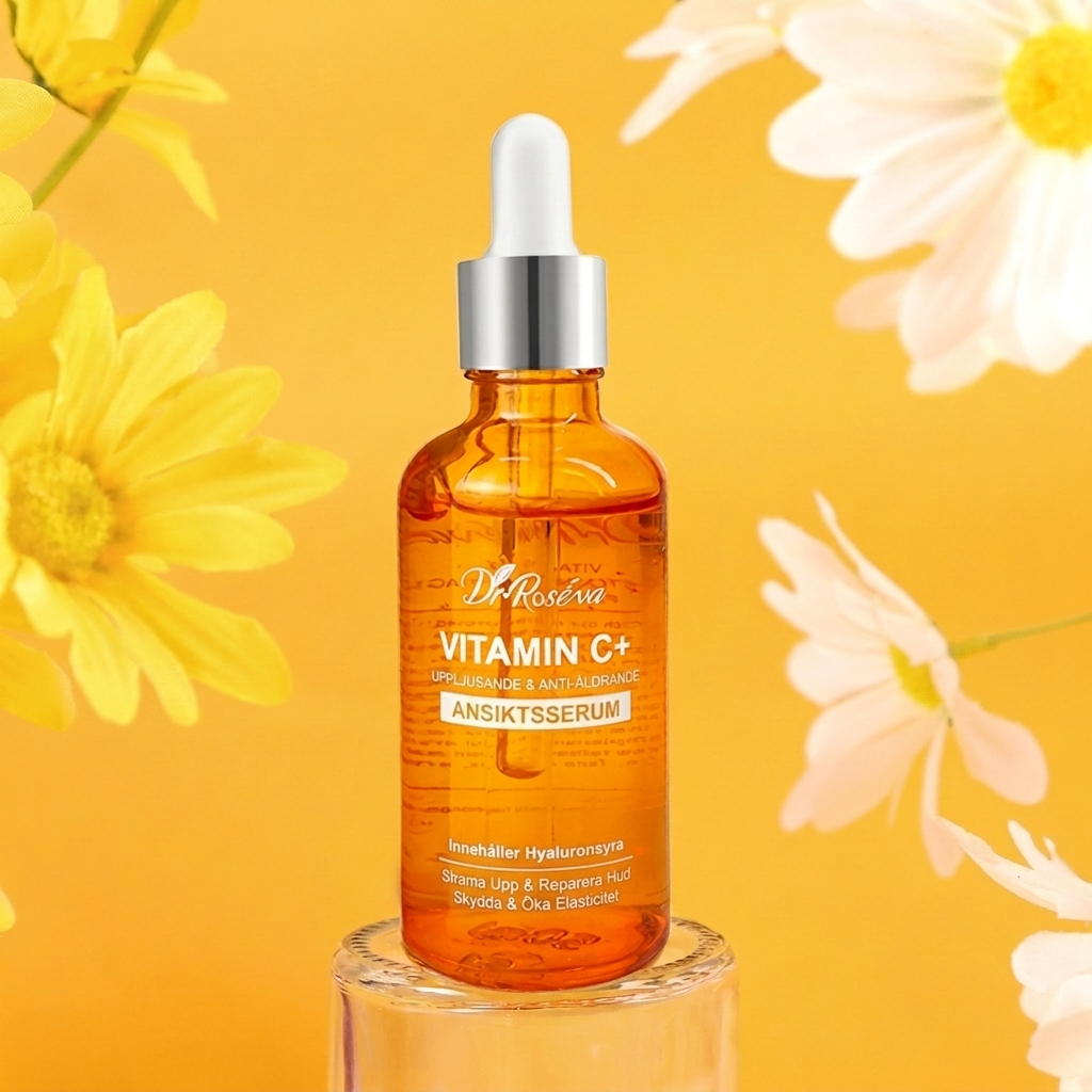 Vitamin C ansiktsserum i glasflaska omgiven av gula blommor