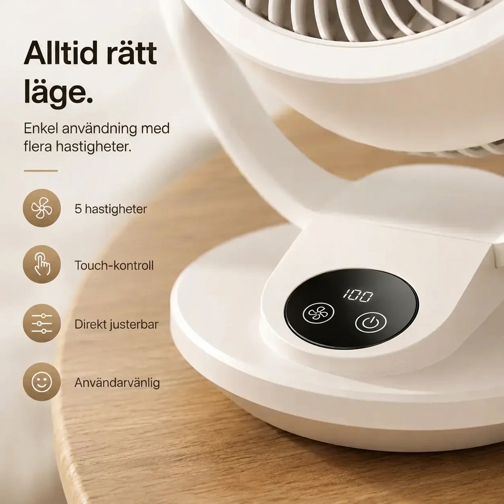 Närbild på den svarta touch-displayen med 5 hastigheter och digital visning