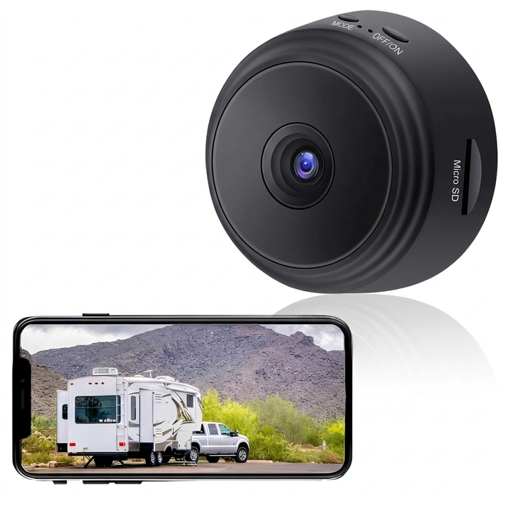 Trådlös HD-backkamera som visar bild av husvagn på smartphone