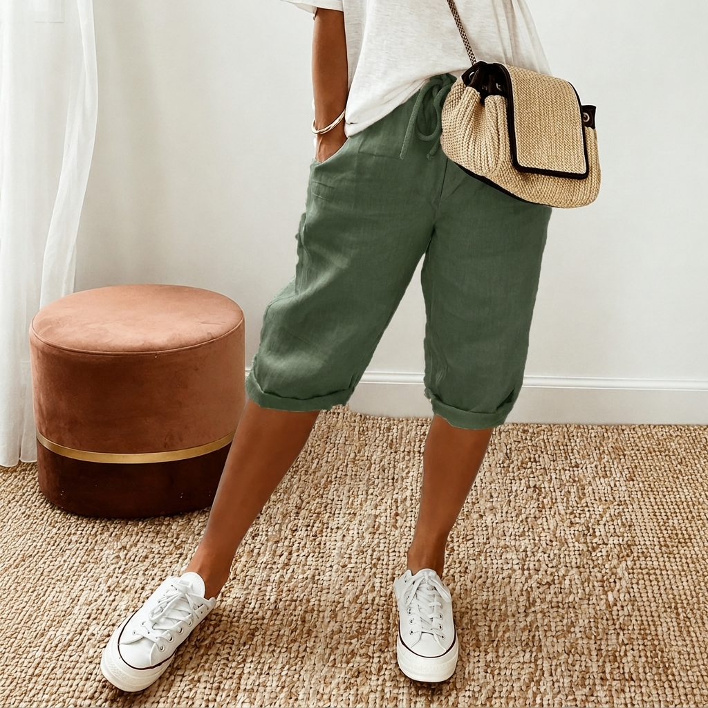 Kvinna i armégröna avslappnade sommarshorts med vita sneakers