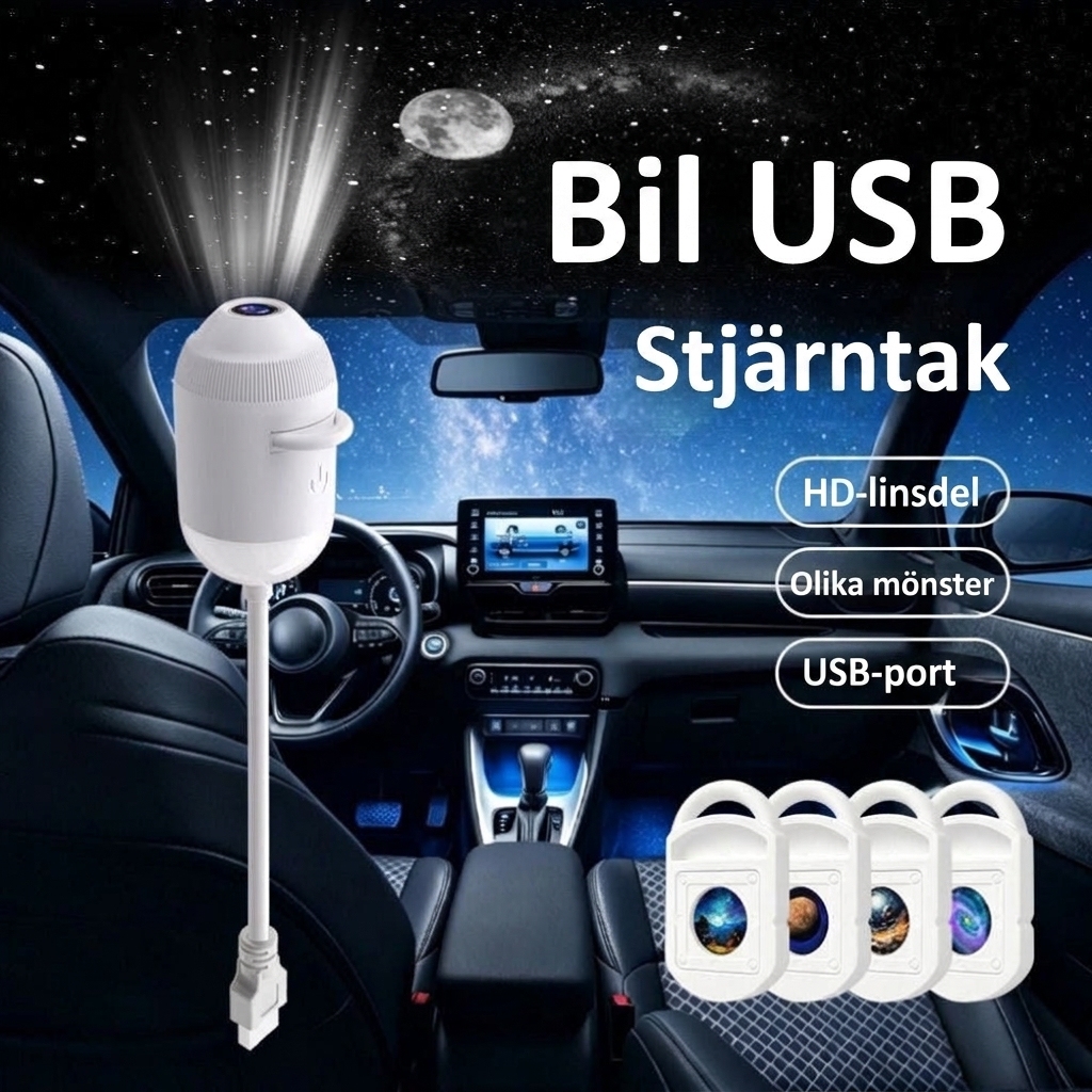 Stjärnhimmel projektor installerad i bilens tak med USB-anslutning