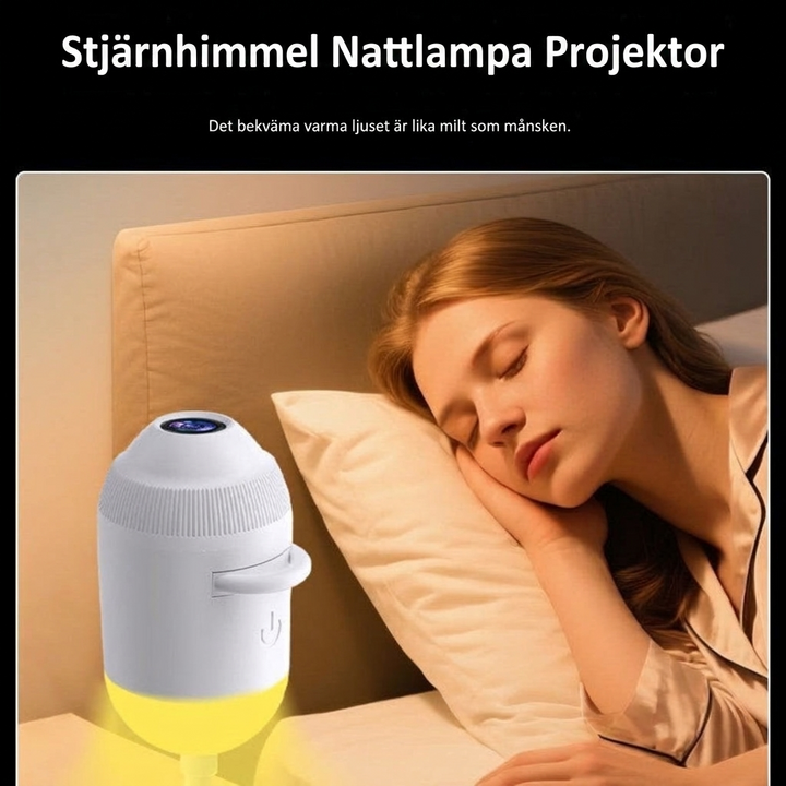 Kvinna som sover gott bredvid en tänd stjärnhimmel nattlampa