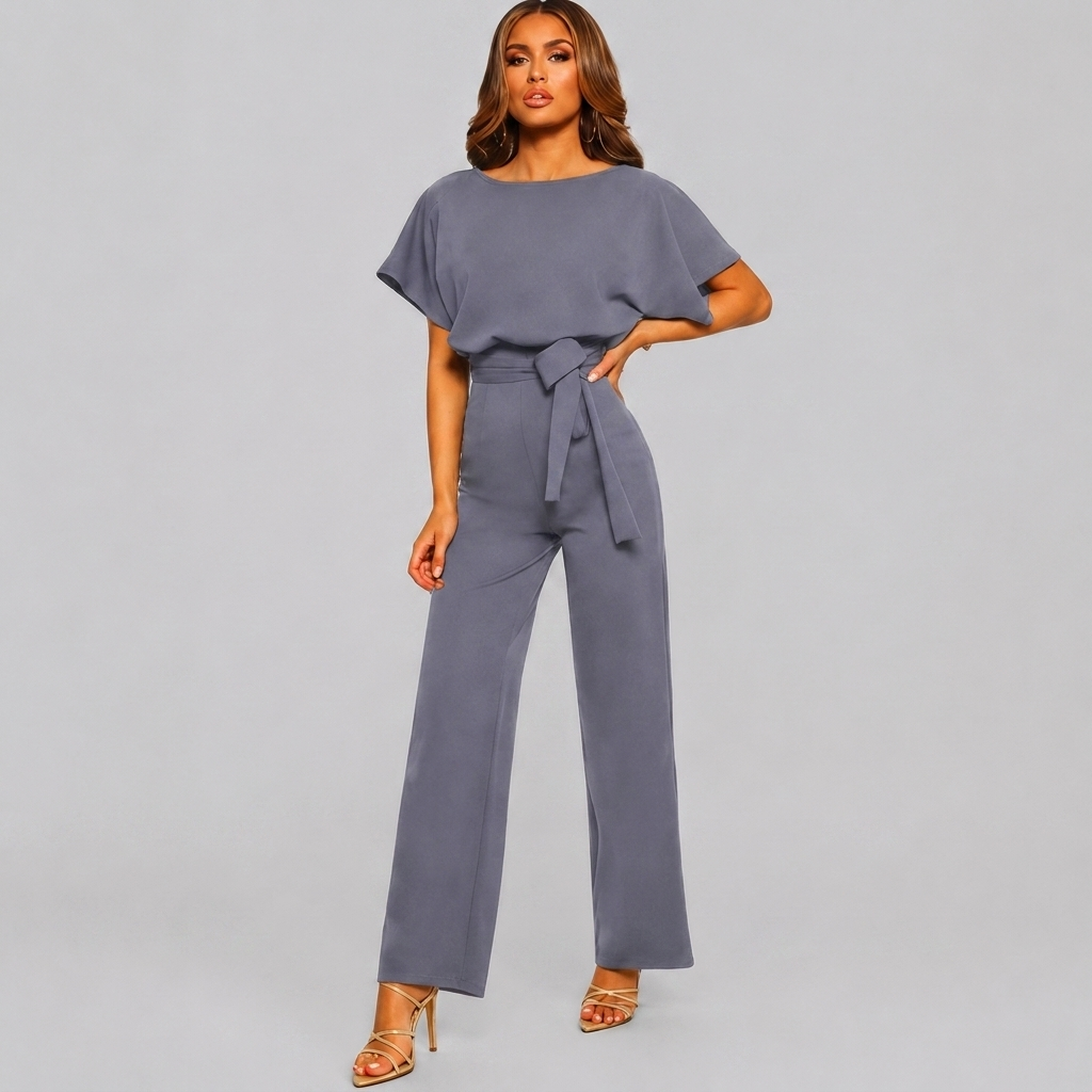 Blå kortärmad jumpsuit med vida ben för fest och vardag