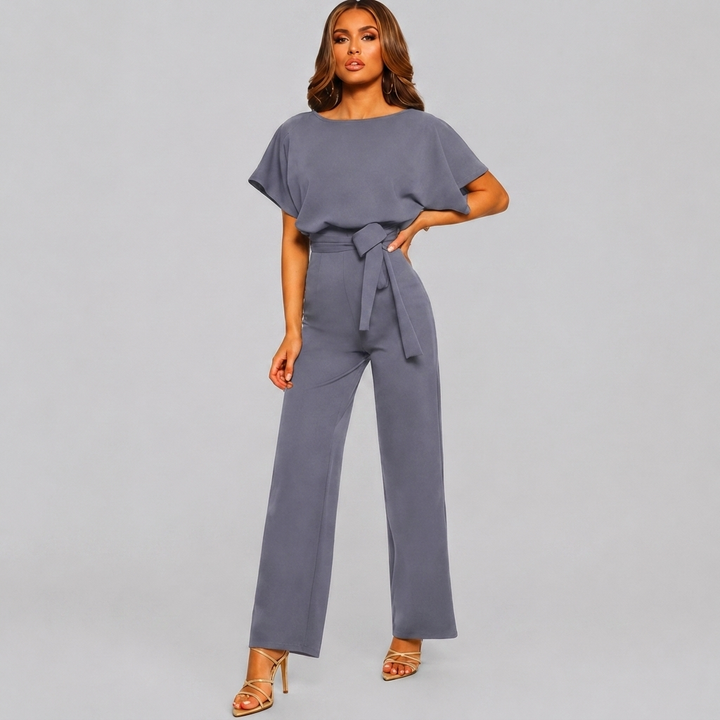 Blå kortärmad jumpsuit med vida ben för fest och vardag