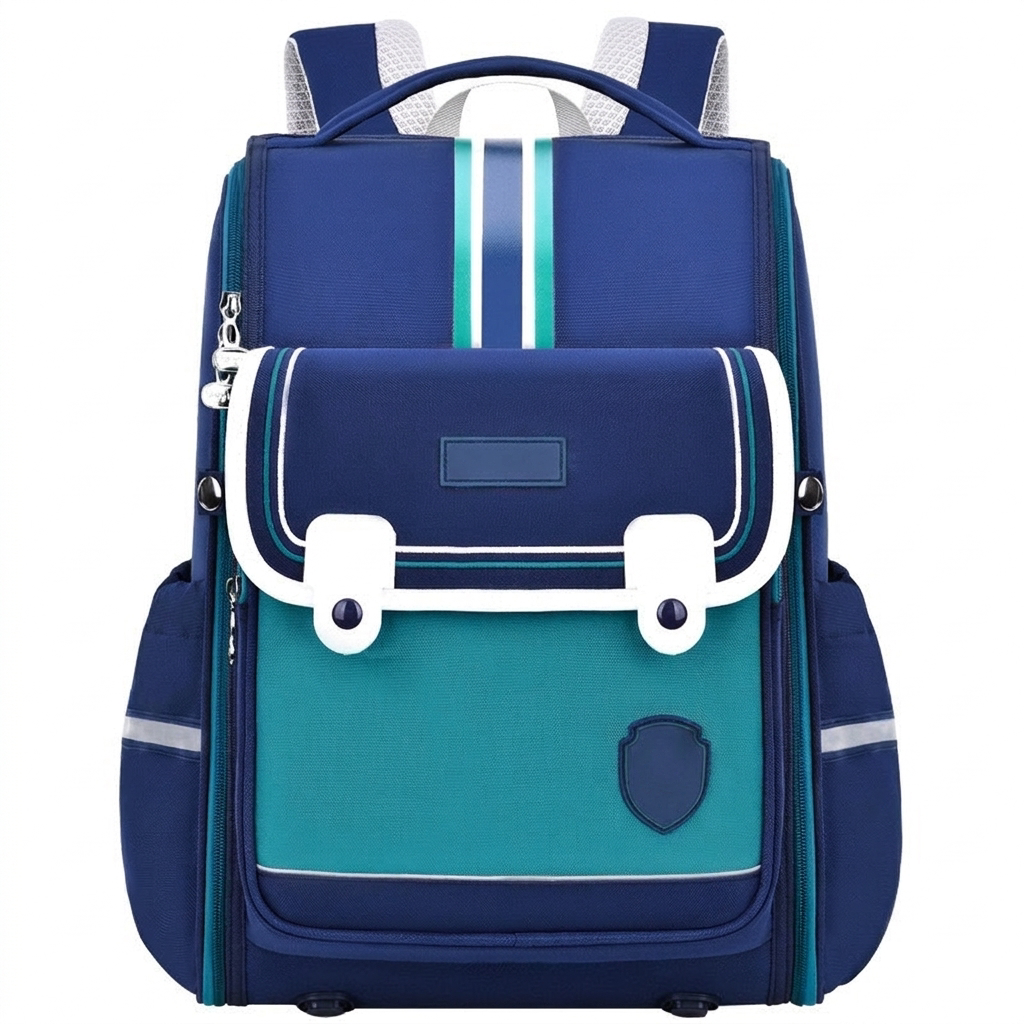 Blå och grön skolryggsäck med ergonomisk design framifrån