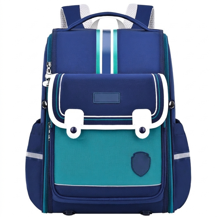 Blå och grön skolryggsäck med ergonomisk design framifrån