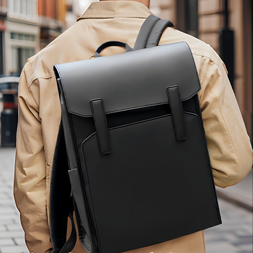 Man som bär den eleganta svarta ryggsäcken på gatan