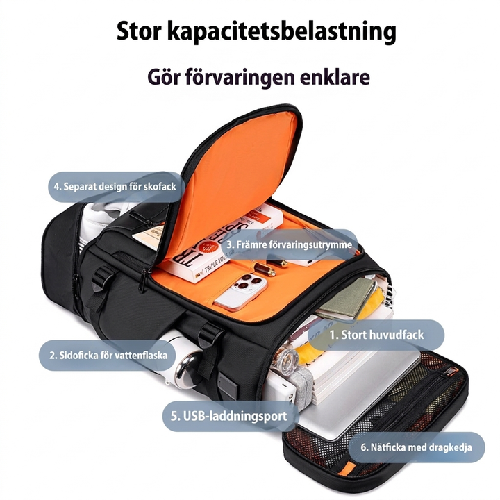 Svart datorryggsäck för unisex med ergonomisk design och justerbara axelremmar