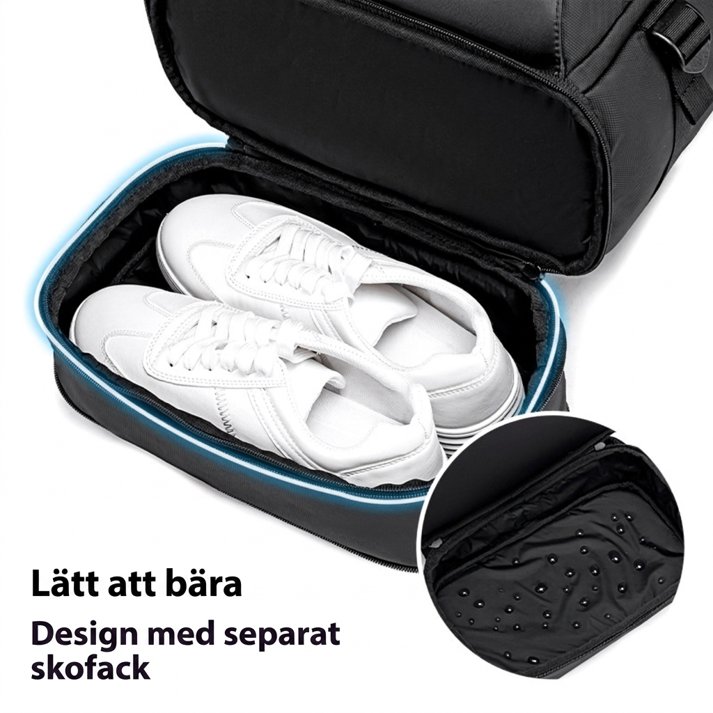 Moderna svarta datorväskan sedd snett bakifrån med vadderad ryggpanel