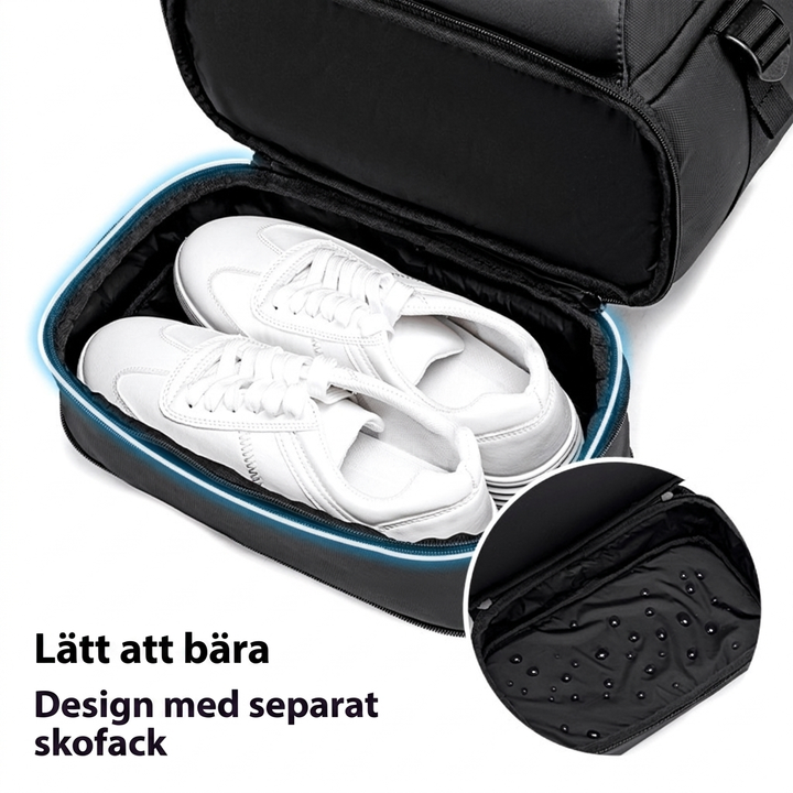 Moderna svarta datorväskan sedd snett bakifrån med vadderad ryggpanel