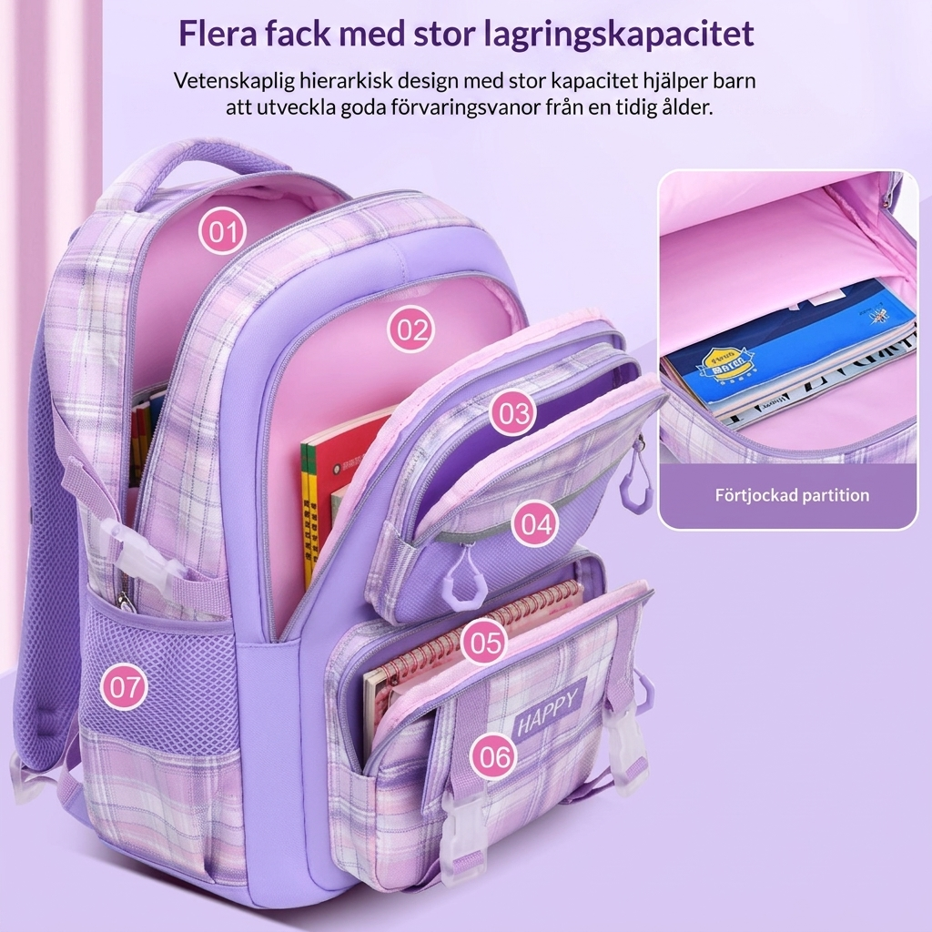 Söt skolväska med matchande tillbehör och fack