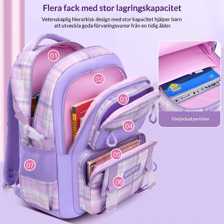 Söt skolväska med matchande tillbehör och fack