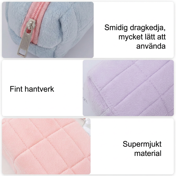 Detaljbilder som visar dragkedja, sömmar och det supermjuka tyget