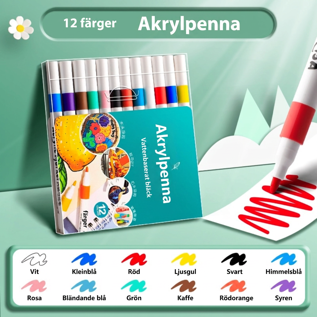Akrylmålarpenna 12 färgers set med färgprovkarta i förpackning