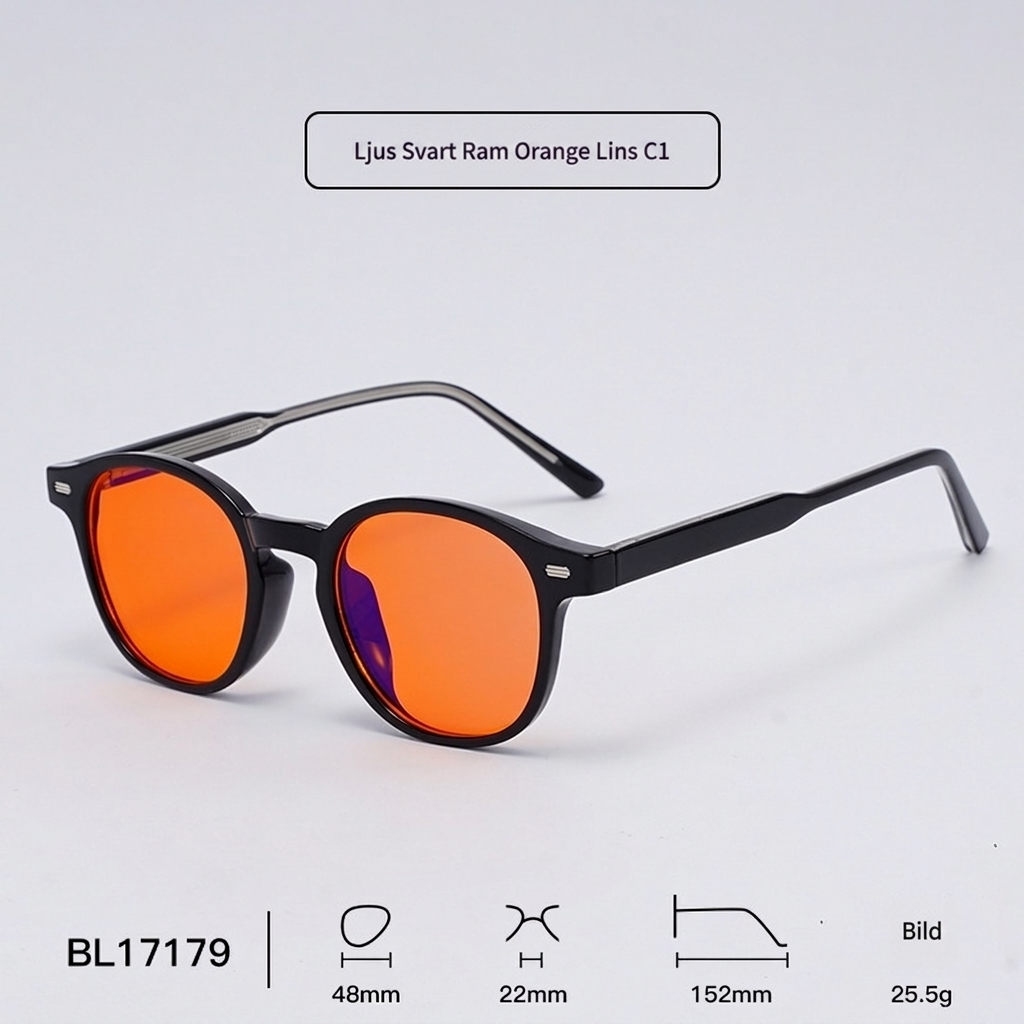 Blåljusblockerande glasögon med svart båge och orange lins C1
