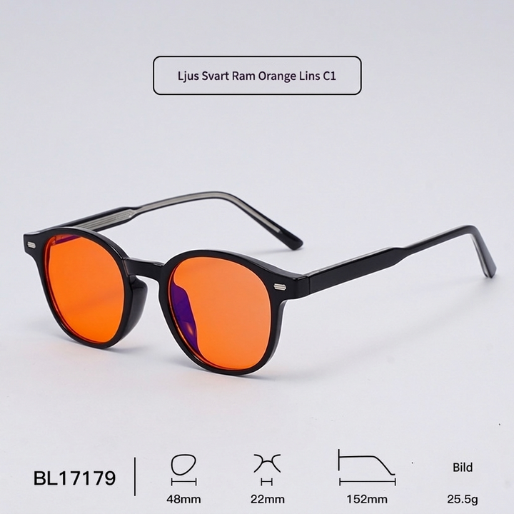 Blåljusblockerande glasögon med svart båge och orange lins C1