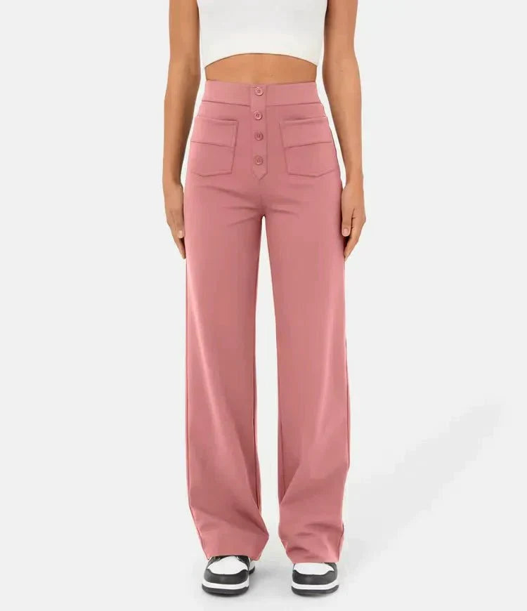 Närbild på tyg och hög midja på eleganta dambyxor för mode