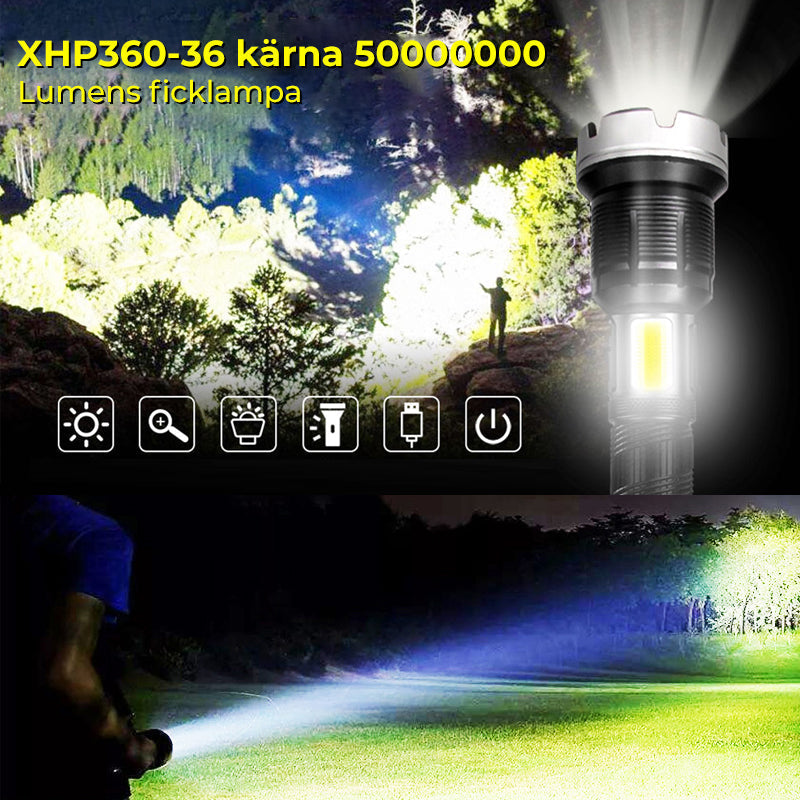 "Hög effekt LED-ficklampa med zoom, vattentålig aluminiumdesign, justerbart fokus, passar för camping och inspektioner."