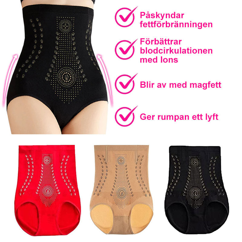 "Hög midja shapewear i nylon för kvinnor, finns i färgerna hud, svart och röd, med midjestöd och formande effekt."