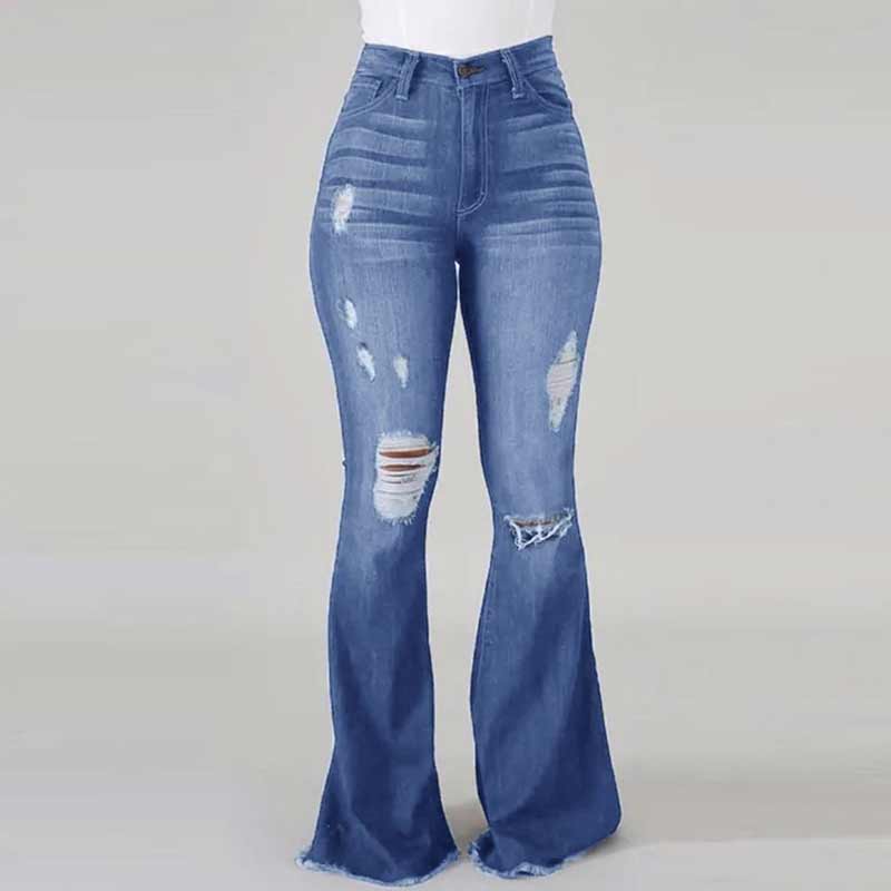 Damjeans med hög midja, utsvängda ben och slitna detaljer, trendig siluett för moderiktig stil och komfort.