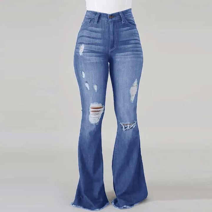 Damjeans med hög midja, utsvängda ben och slitna detaljer, trendig siluett för moderiktig stil och komfort.
