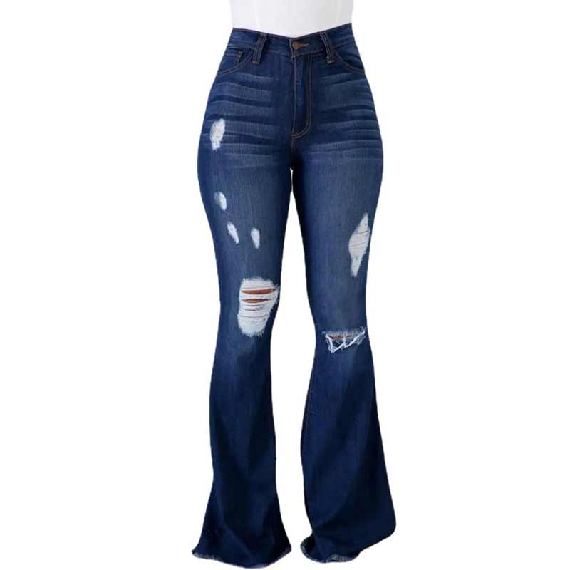 Damjeans med hög midja, utsvängda ben och slitna detaljer, trendig siluett för moderiktig stil och komfort.