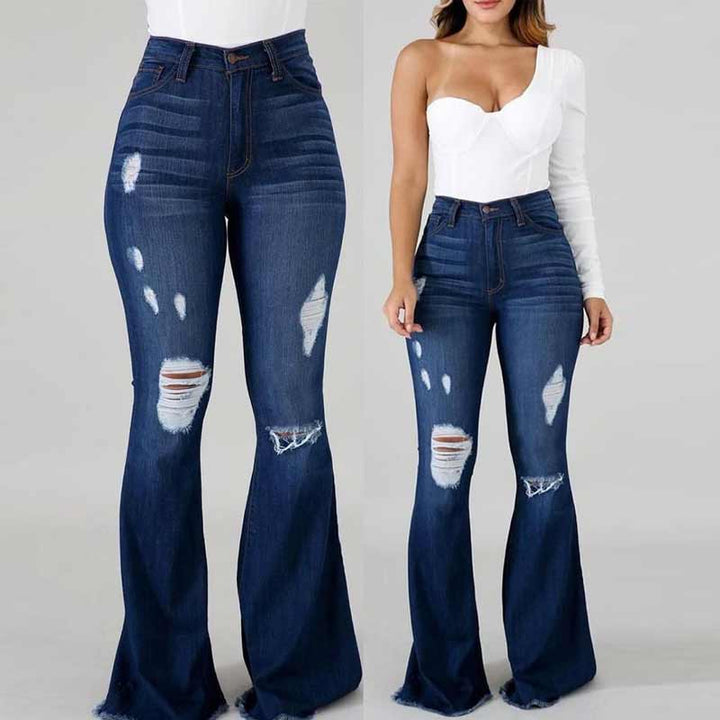 Damjeans med hög midja, utsvängda ben och slitna detaljer, trendig siluett för moderiktig stil och komfort.