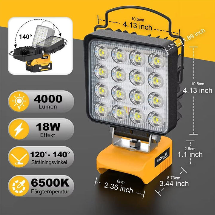 "Högpresterande 18W LED-arbetslampa, robust design, 16 LED-pärlor, bred strålvinkel, idealisk för utomhusarbete."