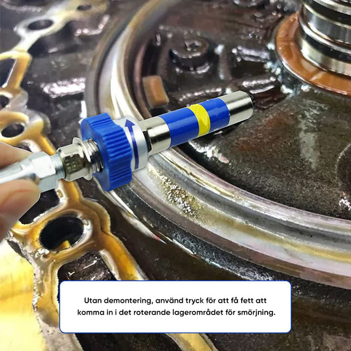 Högtrycksmunstycke för smörjnipplar, ergonomisk metallkonstruktion, perfekt för exakt smörjning i trånga utrymmen.