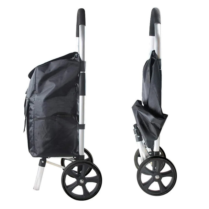 Robust hopfällbar shoppingvagn med stabil konstruktion i aluminium för bekväm transport av varor.