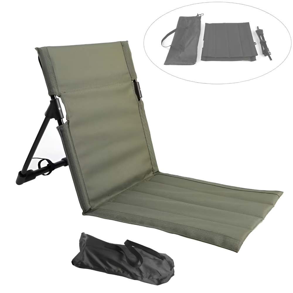 Svart fällstol i oxfordduk med aluminiumram. Komfortabel utomhusstol med kudde, perfekt för camping.