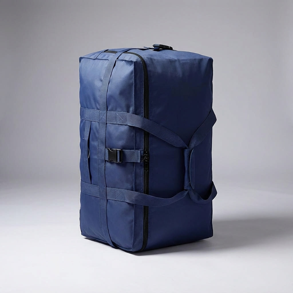 Unisex rymlig duffelväska utfälld, perfekt för stor packning och långa weekendresor.