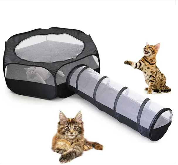 Hopfällbar lektunnel & myshus för katt, perfekt för lek och vila. Flexibel kattbädd med tunneldesign.