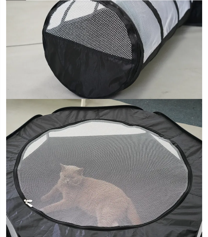 Mångsidig kattbädd, lektunnel och myshus. Ett komplett kattillbehör för nöje och trygghet.