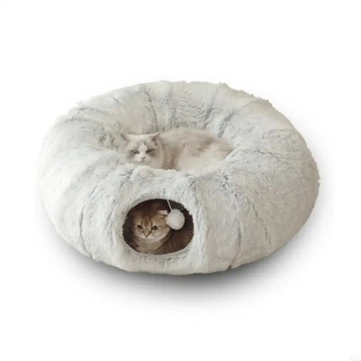 Hopfällbar plysch kattsäng & lektunnel. Mysig bädd och lekplats för kattungar och vuxna katter.