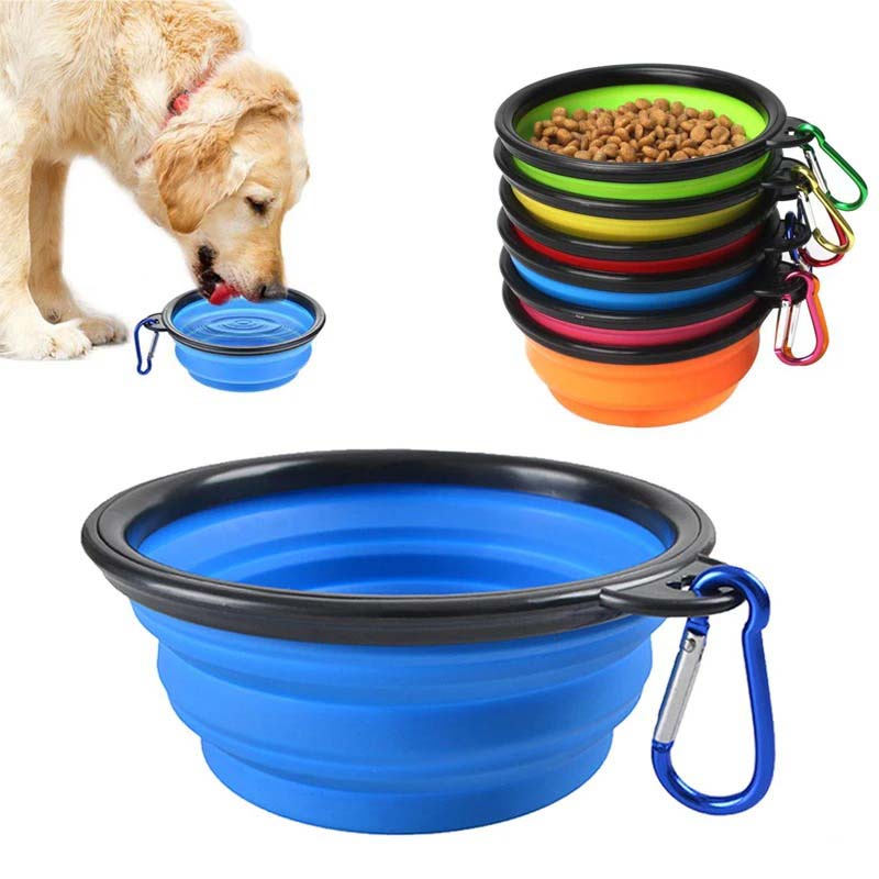 Hopfällbar vattenskål för hund och katt, blå silikon, portabel reseskål för utomhusbruk och promenad.