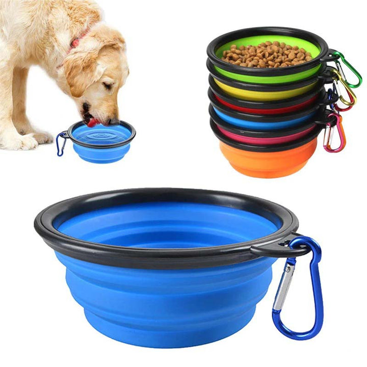 Hopfällbar vattenskål för hund och katt, blå silikon, portabel reseskål för utomhusbruk och promenad.
