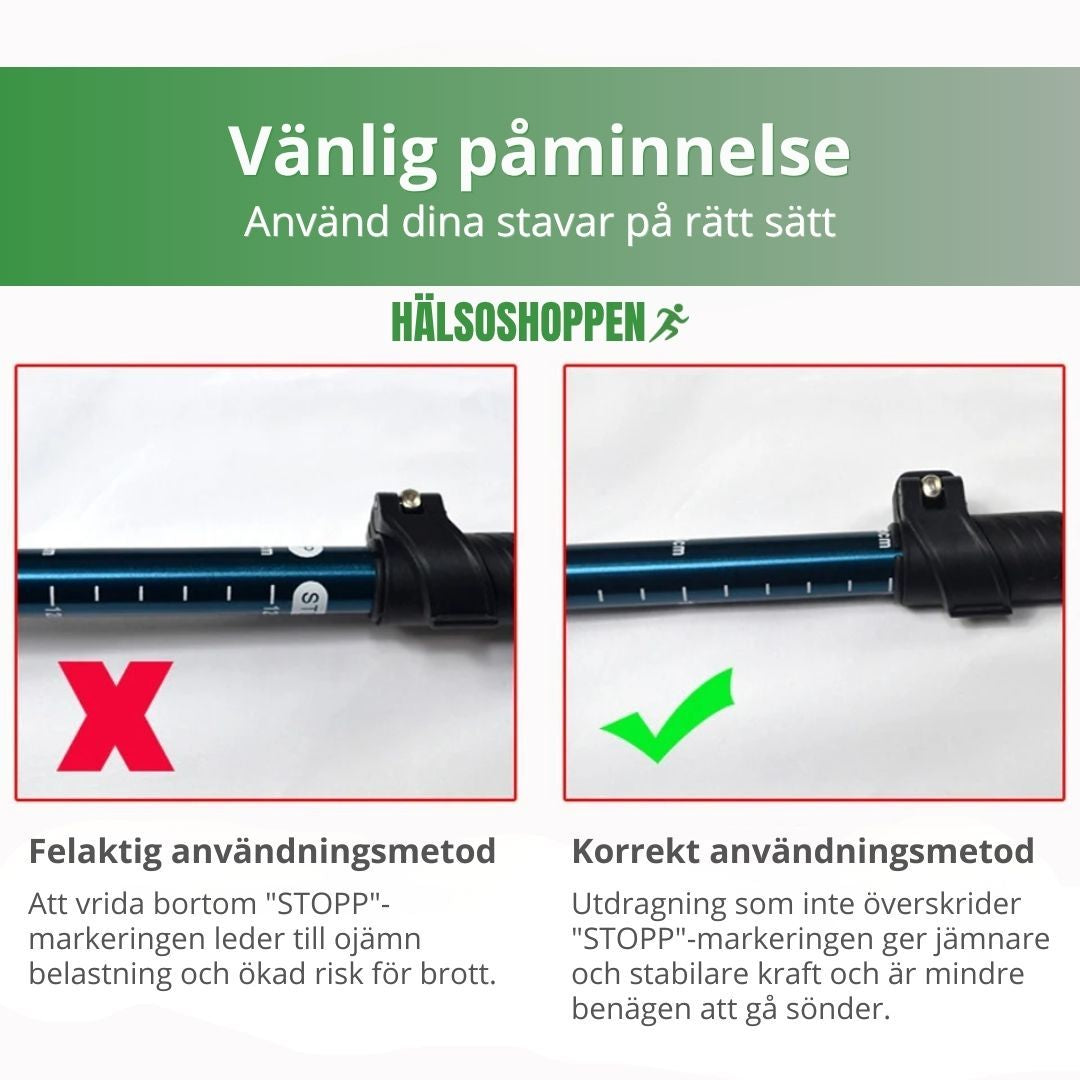 Kompakta, hopfällbara gångstavar i gul färg. Perfekta för resor, med bra stöd.