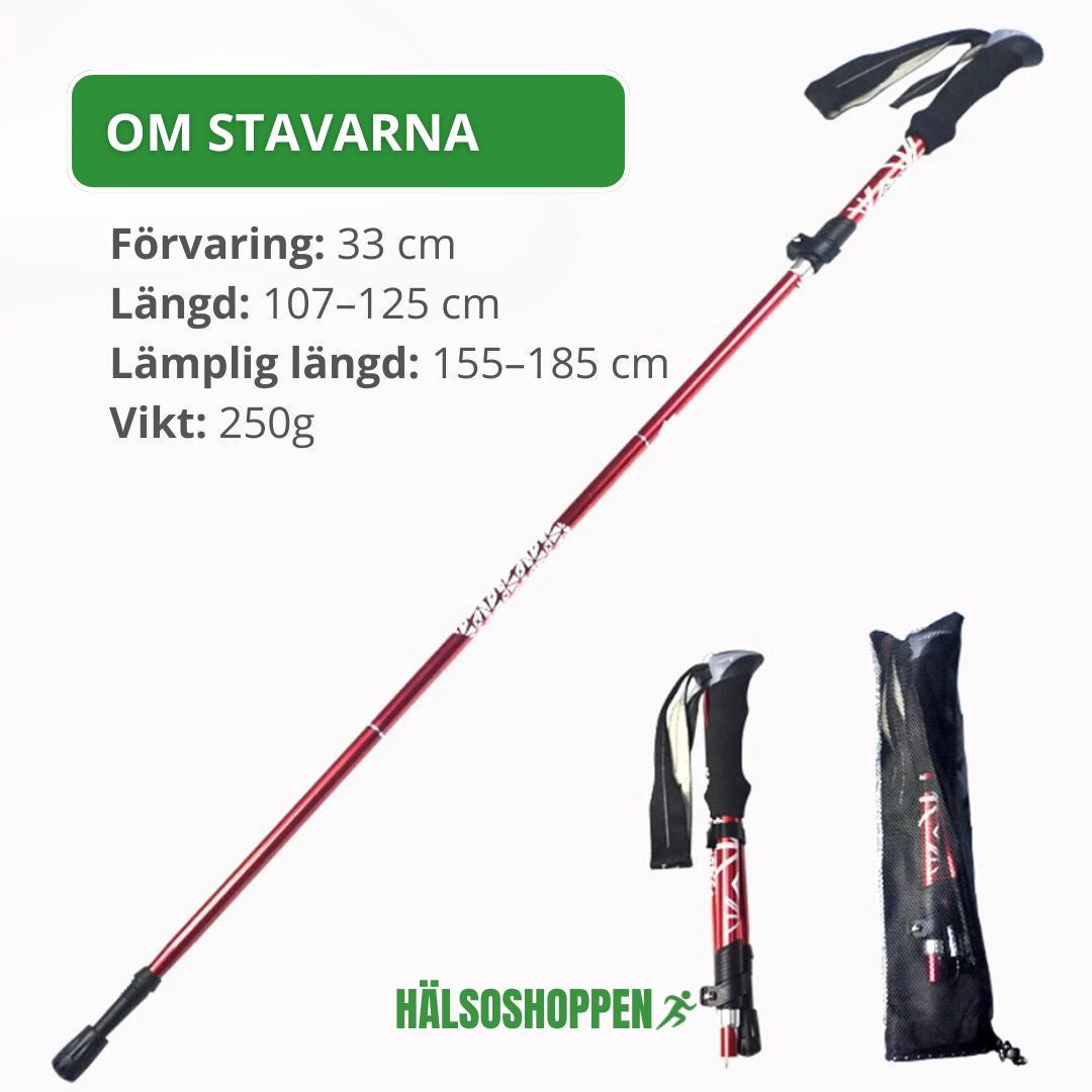 Par hopfällbara gångstavar, visas ihopfällda för enkel förvaring och transport.