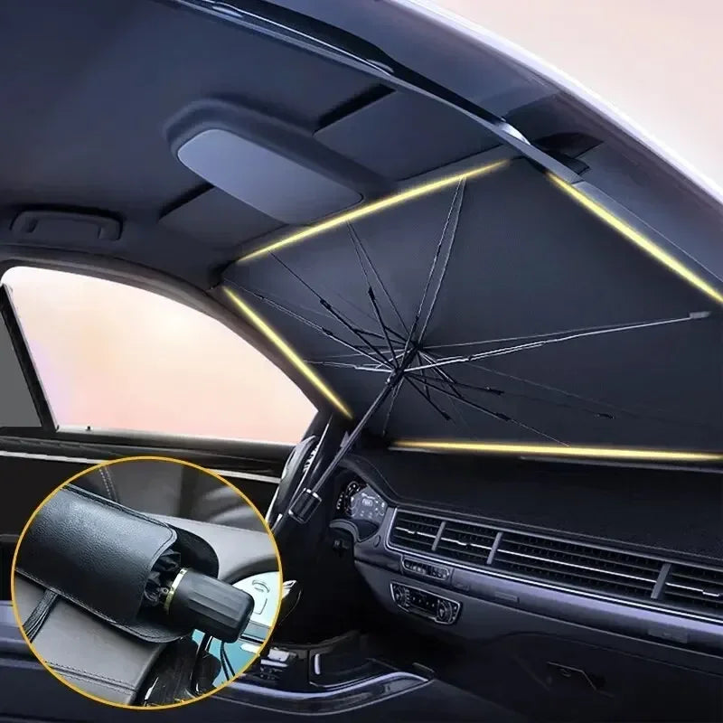 Hopfällbart UV-solskydd för bilfönster. Lätt att förvara, håller bilen sval och skyddar interiören.