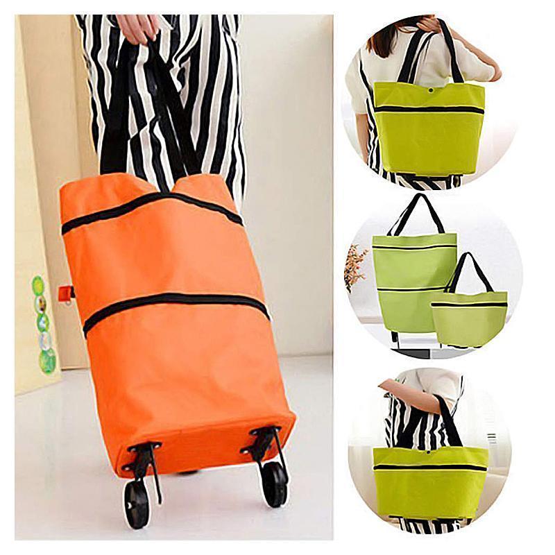 "Hopfällbar damväska med hjul i orange, röd, blå eller grön, ekovänligt material, modern design, enkel pendlarväska."