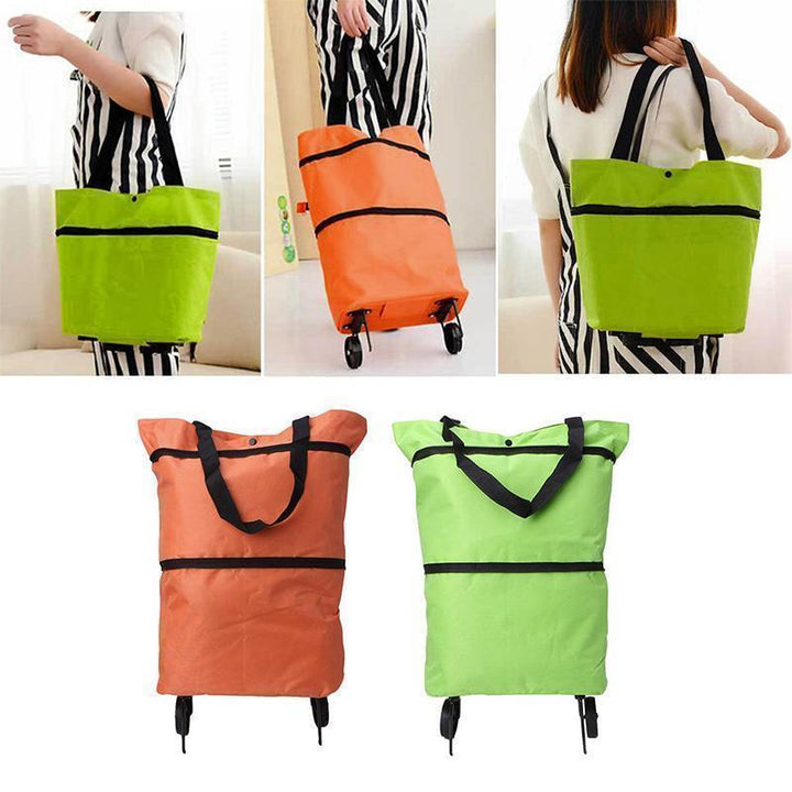 "Hopfällbar damväska med hjul i orange, röd, blå eller grön, ekovänligt material, modern design, enkel pendlarväska."